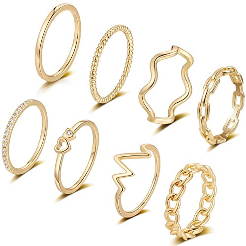 FUNEIA 14 Karat Vergoldet Ringe Set Gold Damen Stapelringe Fingerring Sliver für Frauen Herz CZ Dünn Verlobungsring Eheringe Wasserfest Schmuck (Gold Set 1, 62(19.8))