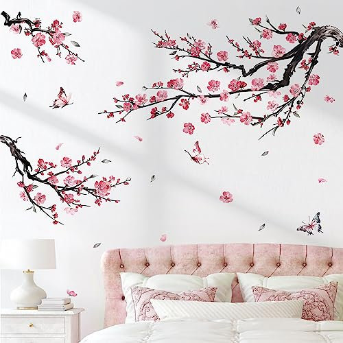 decalmile Stickers Muraux Branche de Fleurs Rose Autocollant Mural Fleurs Arbre Rose Décoration Murale Chambre Enfants Chambre Salon
