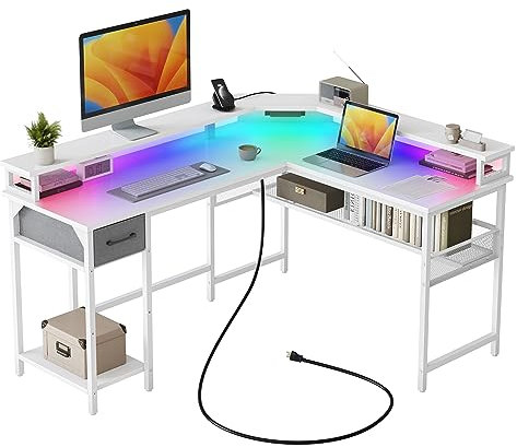 CubiCubi L Shaped Desk with Power Strip and LED, 150 * 120 cm Reversible Gaming Desk with Storage Shelves, Modern Home Office Computer Desk, Easy to Assemble, White