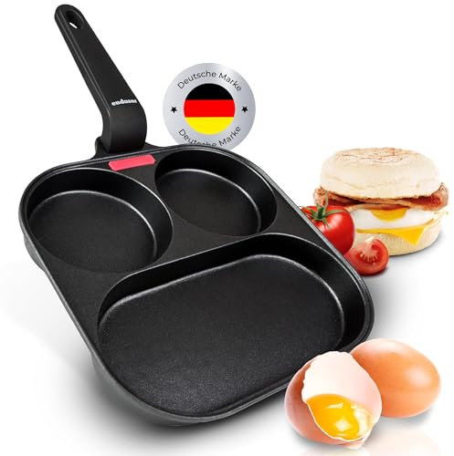 endusor Sartén para huevos fritos y tocino | Sarten de 21 cm con 3 hoyos y protección antiadherente | Todo tipo de cocinas e inducción | Sartén divida para Huevo Tortitas Bacon Verduras