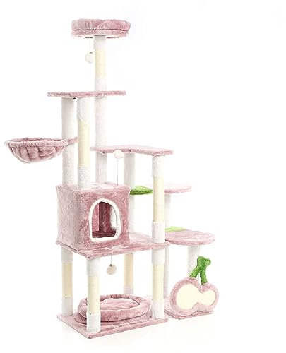 Fudajo Kratzbaum Kirschen in Rosa 162 cm hoch, Katzenkratzbaum mit Kratzbrett in Kirsch-Form, Katzenbaum mit Katzenhaus, Liegemulde und Spielbällen