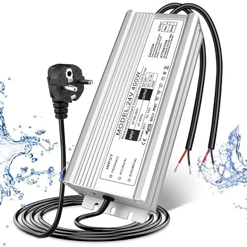 LED Trafo 24V 400W IP67, Outdoor Wasserdicht Transformator mit Stecker, LED Netzteil Treiber 230V auf DC 24 Volt Adapter, LED Driver Außen für LED-Streifen Lampen Strahler Lichtbänder