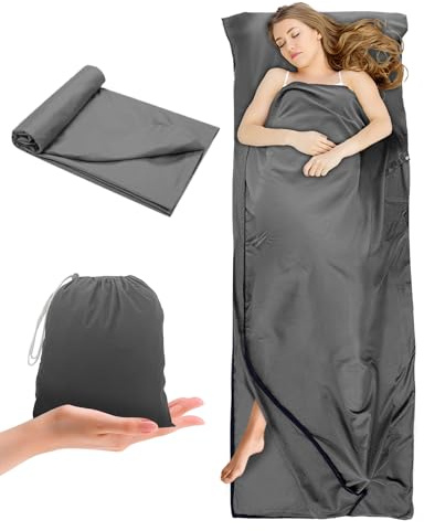 Coyonce Dünner Innenschlafsack für Einzelbett, Ultraleicht, Schlafsack für Erwachsene, Weiche Seide, für Reisen, Camping, Grau