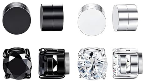 MWUMRCM 4 Paires Magnétique Boucles d'Oreilles Acier Inoxydable pour Femme Homme Fille Boucle d Oreille Aimant Sans Trou Boucle d'oreille Clip Non Piercing Zirconium Ronde Clou Argent noir