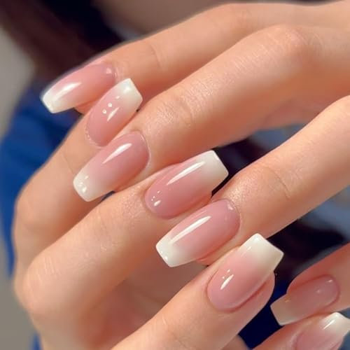 24Pcs Square False Nail Tips, Funky Press On Nails With Glue for Women and Girls - Acrylic White Nude Gradient Stick On Nail Art