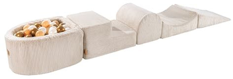 MEOWBABY Parcours Motricité avec Piscine a Balle pour Bébé - Piscine à Balle pour Enfant avec 100 balles - Module motricité Côtelé, Ecru