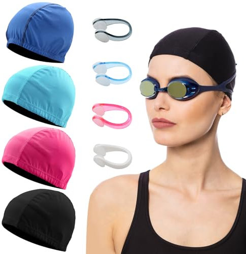 Scettar 4 Erwachsene Badekappe, Unisex Badehaube Komfortable Stoff Bademütze Wasserdicht Schwimmkappe in Vier Farben mit Nose Clip