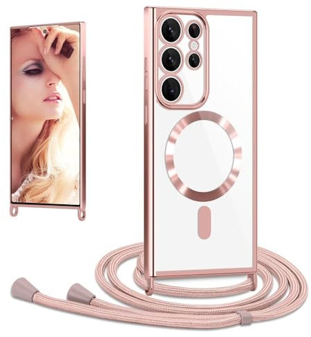 CaseLover Cover Magnetica per Samsung Galaxy S23 Ultra con Cordino, Custodia con Laccio Collana Regolabile Morbida TPU Silicone Case Antiurto Trasparente Protettiva Cover per S23 Ultra 5G, Oro Rosa