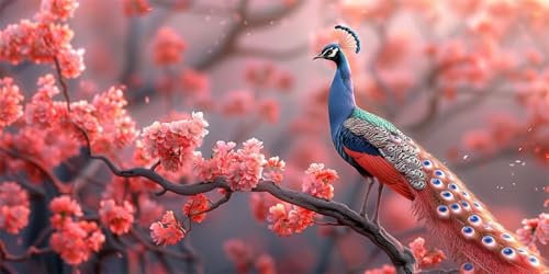 Pfau Malen Nach Zahlen Erwachsene Groß (40X80CM Rahmenlos), Blume Malen Nach Zahlen Kinder AnfäNger DIY Handgemalt öLgemäLde Kit, Acrylfarben mit 3 Set Pinseln, für Room Zimmer Deko Aesthetic, Gift