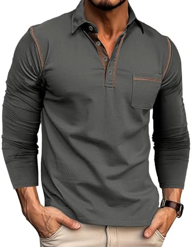 Rodawu Mens Long Sleeve Polo Shirts Cotton Polo T-Shirts Golf Tops Grandad T Shirt Dark Grey Polo Shirt Men L