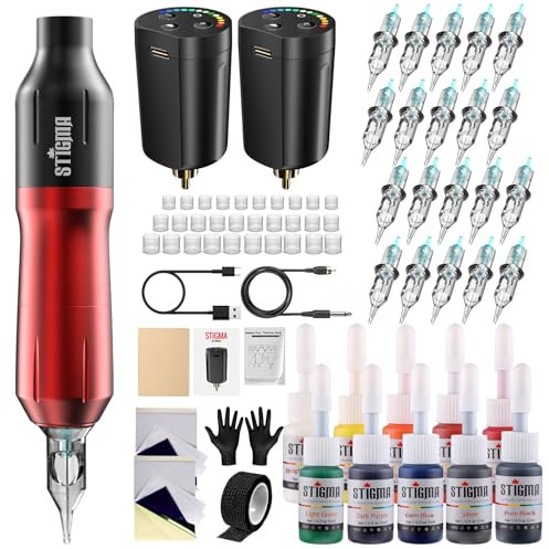 STIGMA Tattoo Maschine Set Wireless Tattoo Rotary Pen Kit Professionelles Tattoo-Maschinen-Set mit 2-teiligen Batterien 20-teilige Tattoo-Patronen-Nadeln für Anfänger und Tätowierer STP7KIT-2