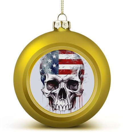 American Flag Skull Christmas Ball Ornaments 2.4 Inch Shatterproof Christmas Tree Decorations Balls Golden Style Hanging Christmas Ornaments for Xmas Tree Holiday Decoration