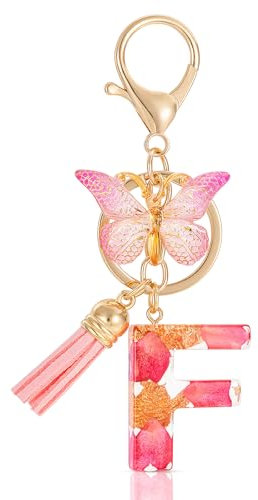 MWOOT Letter Keychain Initiale Schlüsselanhänger Buchstabe F,Alphabet Harz Buchstabe mit Blume Key Chain mit Schmetterling Quaste Anhänger Handtasche Charm,Rosa Blütenblatt Keyring für Frauen (F)