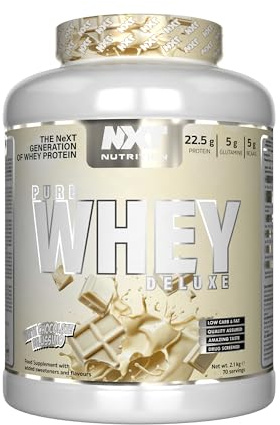 NXT Nutrition Pure Whey Deluxe 2.1kg | Whey Protein | Muscle Growth and Recovery | 70 Servings | 5g Glutamine | 5g BCAA | White Chocolate Bellissimo