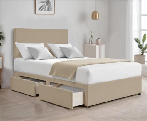 Cloud Comfort Suede Fabric Divan Bed | Luxurious King Size Bed Frame with Spring Memory Foam Mattress & Storage 2-Drawers | Plain 20” Headboard – Dreamlike Rest Awaits! (CREAM, 5FT King Size Bed)