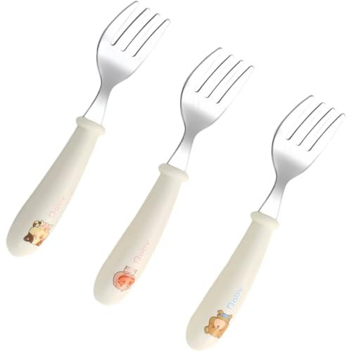 XENQITO 3 Set Ensemble de Couverts pour Bébé, Couverts Enfant, Couverts Bébé Apprentissage, Bébé Toddler Ustensiles en Acier Inoxydable Silicone Fourchette pour Bébé Toddler Pour Tout-petit