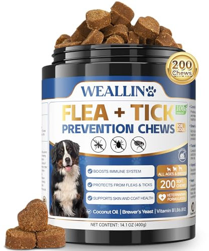 Natural Dog Flea Chews, 200 Soft Chews for Dogs Flea and Tick Support, Daily Dog Flea Support Chewables Supplement for Dogs and Puppy of All Breeds, Chicken Flavor.