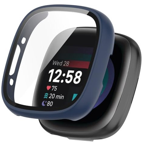 KANOYO Hülle Kompatibel mit Fitbit Sense 2 / Fitbit Versa 4 Schutzhülle,Integriertes PC + Glasmaterial,Ultradünne HD Hartglas Glas,Kratzfest,Vollständiger Schutz Case (Blau)