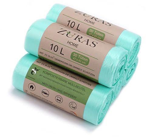 ZURAS® Biomüllbeutel 10L, 150 Stk., wasserdicht & reißfest | biologisch abbaubare Müllbeutel, kompostfähig, auf pflanzlicher Basis, wasserdicht und reißfest