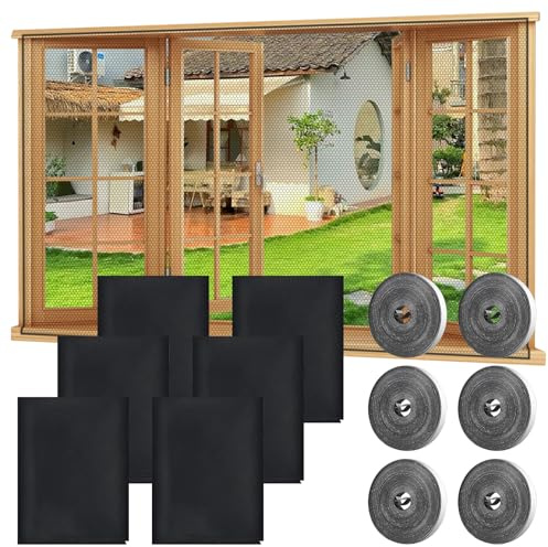 6 Stück Fliegengitter Fenster, 130 x 150cm Moskitonetze für Fenster, Insektenschutz Fensternetz, Mückennetz für Fenster mit Klettband, Ohne Bohren, für Fliegen Bug Bee Moskito-Schutz (black)