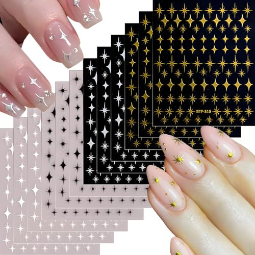 Auiremrti Nagelsticker Set Mit 12 Blättern Stern Nail Art Aufkleber, Selbstklebende 3D Nageldesign Sticker, Umweltfreundliche Nail Art Zubehör Für Fingernägel Und Mehr