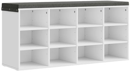 WOLTU Schuhbank weiß, Schuhregal mit Sitzbank 12 Fächern, Garderobenbank für Schuhaufbewahrung, für Eingangsbereich Flur, aus Holzwerkstoff mit Furnier, 102x30x48,5 cm