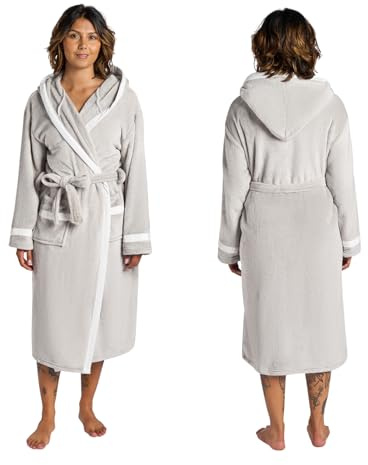 OHS Dressing Gown Unisex Piped, Super Soft Warm Flannel Fleece Hooded Bathrobe Full Length Comfortable Cosy Adults Dressing Gown for Sleepwear Loungewear, Grey/White