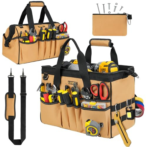 15-Inch Tool Bag,38 Pockets Tool Bags for Men,Heavy Duty Tool Box Organizer Storage,Wide Mouth Toolbag Tools Tote Carrying Case for Dad,Mechanic,Electrician,Brown,Bag Only