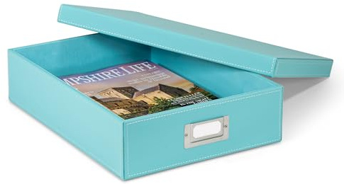 Osco Faux Leather A4 Document Storage Box with Lid, Stackable Desk Paperwork Organiser for Files and Envelopes, Durable Filing Solution for Home or Office, 8.5×25×33.5 cm, Turquoise