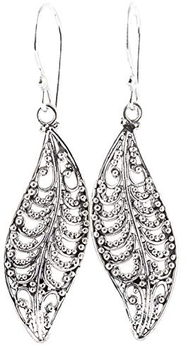 Silber Ohrhänger RHORY 4.6 cm Blatt Ethno Schmuck Handarbeit 925 Sterling Silber