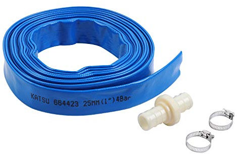 KATSU Layflat Discharge Hose Pipe 10m x 25mm 1-Inch Diameter with 2 Clips and Quick Coupler Connector, Fits Submersible & Other Water Pumps for Draining Pond, Garden Irrigation, Hot Tub, Pool