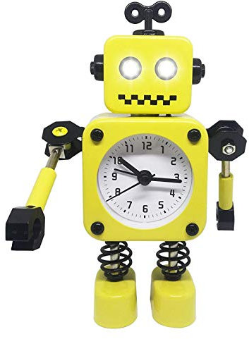 Diskary Roboter Wecker,Nicht tickende Wecker mit blinkenden Augen Lichtern und drehbarem Arm,Geschenk an Kinder (Gelb)