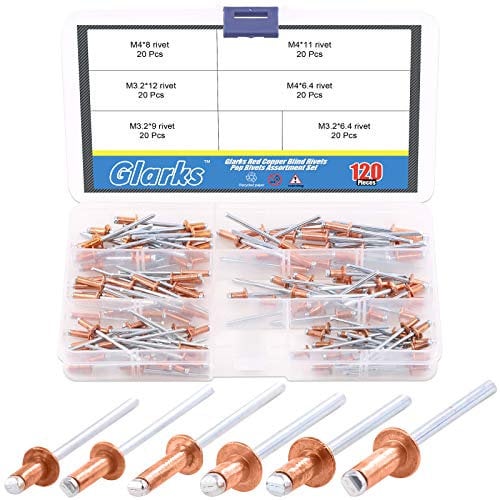 Glarks - Set di 120 rivetti a scatto in rame rosso, 6 misure, per lamiera, automobili, ferroviari e mobili
