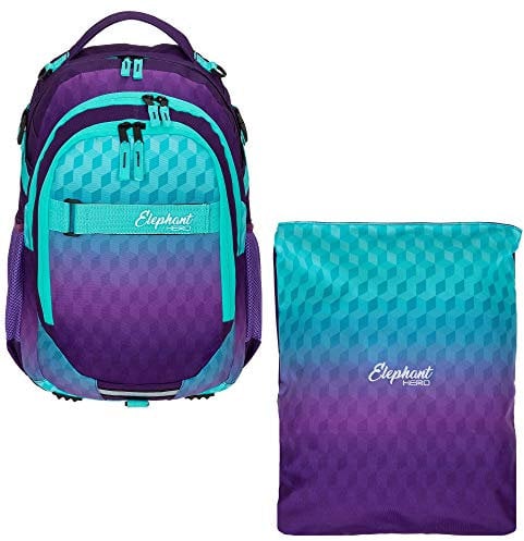 Elephant 2 Teile Set Schulrucksack HERO SIGNATURE Rucksack + Turnbeutel ATTACH BAG (Violet Cube (Lila-Türkis))