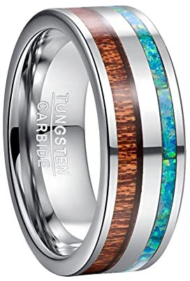 TUNGSTORY 8mm Trauringe Herren Verlobungsring Eingelegt mit Grünem Synthetischer Opal und Hawaiianischem Koa-Holz Komfort Fit Größe 67.2(21.4)