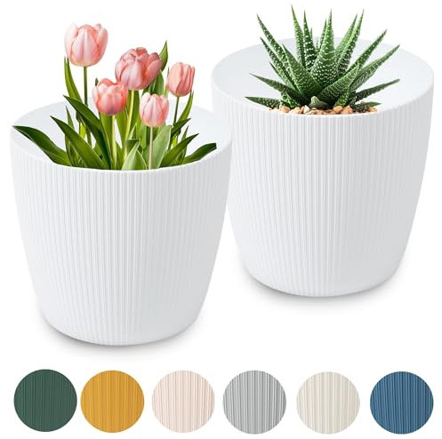 PECZEKO Macetas Mate Macetas Decorativas Hierbas Macetas Redondas de plástico duraderas y Ligeras para salón, Comedor, Cocina, terraza, balcón Juego de 2 Piezas (Blanco, diámetro 11 cm)