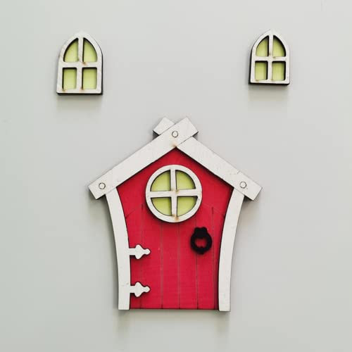 Dimoxii Wichteltür Weihnachten Set aus Hölz Nissedor Set Miniatur Wichtel Tür Weihnachten mit Fenster Weihnachtswichtel Tür Set (Rot 1)