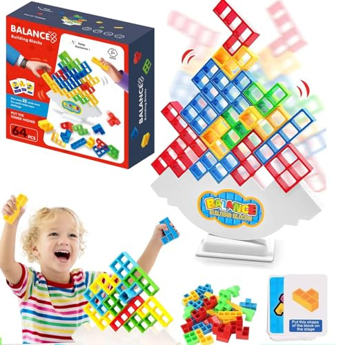 Winnsell Tetra Tower Balance Game,Tower Balance Building Toy Parent-Child Interactive Toy Balancing Stacking Toys Montessori Toy Gift for Kids Adults (64Pcs)