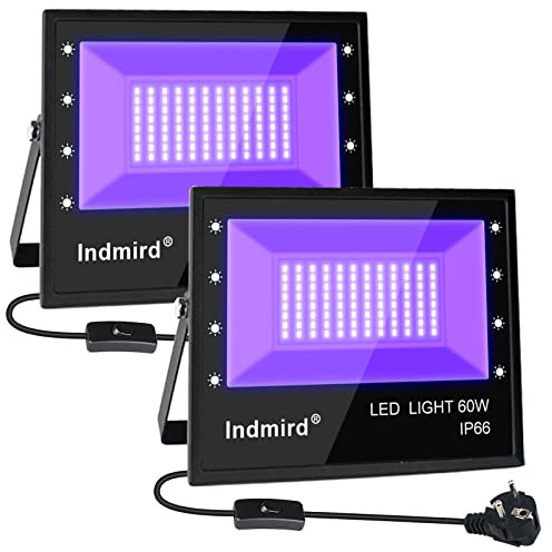 Indmird LED Schwarzlicht Strahler, 2 Stück 60W Schwarzlichtlampe IP66 Wasserdicht LED UV Strahler mit Stecker 395-400nm UV Flutlicht Partylicht für Halloween Aquarium Bühnen Party Neonfarben Effekte