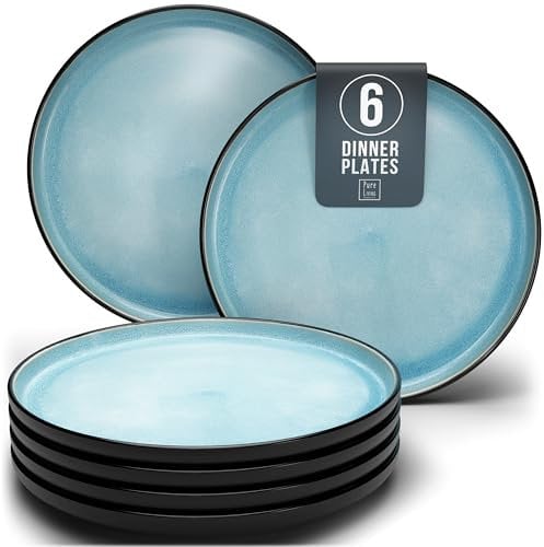 Set di 6 Piatti Grandi in Gres, Modello Ibiza - Piatti Raffinati Resistenti a Lavastoviglie e Microonde - Servizio da Tavola per 6 Persone, Piatti da Cena - Pure Living acquamarina