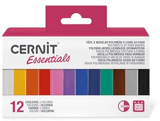 Cernit CEASS001C - Set mit 12 Farben Ofenhärtende Polymer-Modelliermasse Essentials, ideal für Bastelaktivität, Mehrfarbig, 1 Set