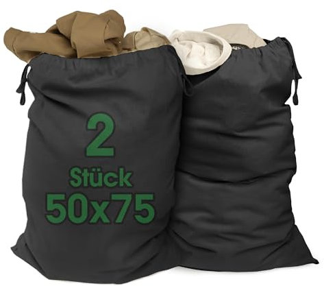 ELES VIDA® - 2 Stück Wäschesäcke 50x75 cm aus 100% Baumwolle - Extra große Wäschebeutel - langlebig, Mit Kordelzug, Reise Wäschesammler Wäschebox Kleidersack Aufbewahrung in Schwarz