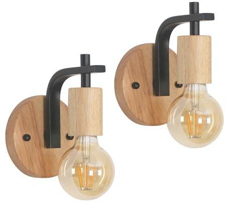 DELIPOP 2 Stück Wandlampe Holz Innen Vintage, E27 Wandleuchte Schwarz aus Metall, Industrial Wandbeleuchtung für Flur Wohnzimmer Schlafzimmer Küche (Ohne Leuchtmittel)