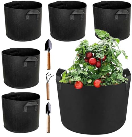Lot de 6 sacs de plantation - Lot de 6 pots de culture épais de 5 litres avec poignées - Sacs de jardin pour tomates, légumes et fruits - Sac de culture en tissu avec 3 pelles