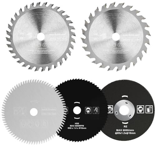 BALUGAEA Set di 5 lame per sega circolare, 85 x 10 mm, 24/36 denti per legno, 80 denti per plastica, HSS per metallo, acciaio inox per sega circolare, abrasiva per metallo