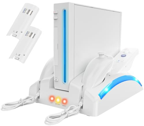 KEKUCULL - Game Organizer Station for Wii Remote Charger, Controller Charging Station, Wii Stand with 2 Rechargeable Batteries for Wii Nunchuk Console Game Storage Accessories