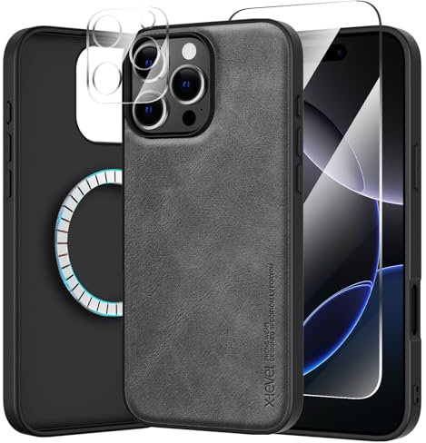X-level 3 in 1 für iPhone 16 Pro Hülle für MagSafe mit 1 Bildschirmschutz und 1 Kamera Schutz, Military Grade Schutz, Anti-Rutsch Anti-Fingerprint PU Leder Handy Hülle - Grau