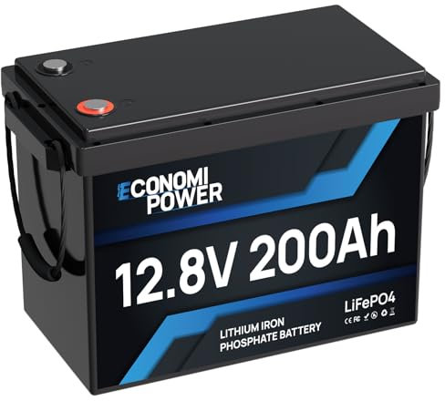 EconomiPower batterie lithium 12v 200ah lifepo4 Taille mini, 200A BMS intégré, 8000+ Cycle profond lifepo4, 2560Wh Energie pour moteur de pêche à la traîne, camping-car, marine, solaire et hors-réseau