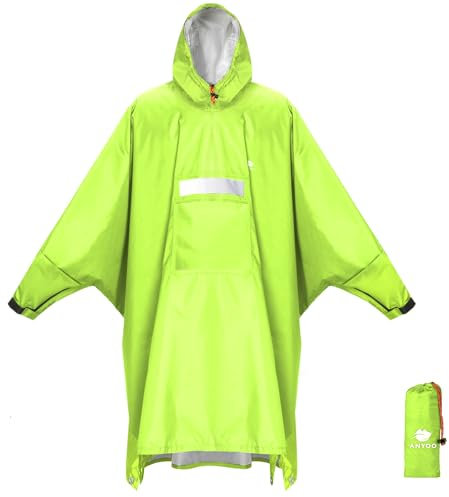 ANYOO Wasserdichter Regenponcho Winddichter Regenmantel mit Seitlichem Reißverschluss, Leichter Regenjacke mit Verstellbaren Ärmeln für Outdoor Wandern Radfahren, Einheitsgröße, Grün Gelb