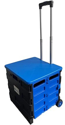 LEISURE DIRECT ® HEAVY DUTY EXTRA LARGE FOLDABLE FOLDING CAR BOOT CART CRATE STORAGE BOX TROLLEY FOR TEACHERS COLLEGE BOOKS FOLDERS 40KG CAPACITY FOLDS FLAT (Black Blue + Lid 40kg)